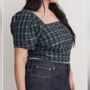 Madewell Plaid Hopewell Crop Top with Puff Sleeves Size L